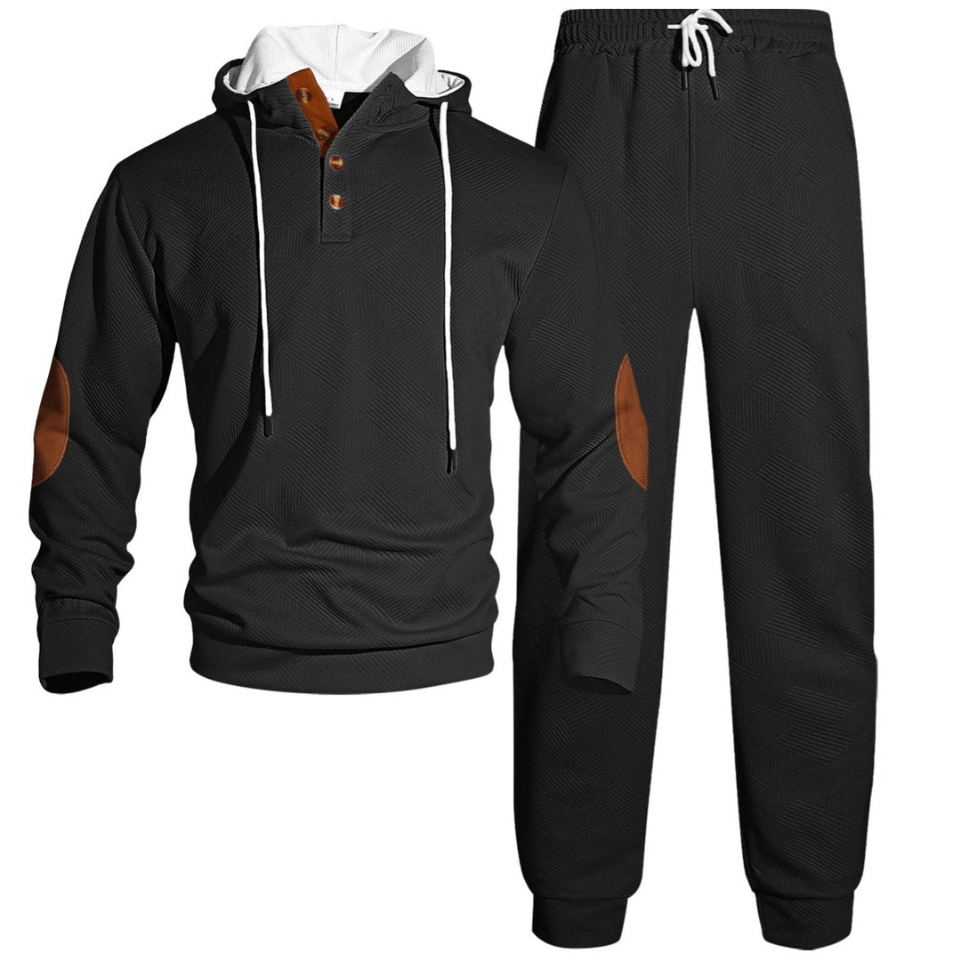 Herren nan Waffelstruktur Henley-Kapuzen-Set mit Holzknopfleiste Ellbogen-Patches und konischer Jogginghose Drune