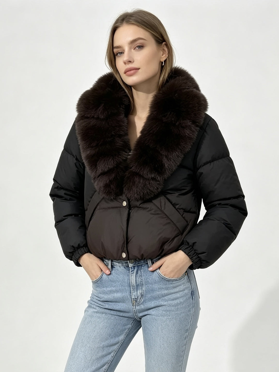 Damen nan kurze wattierte Cropped-Jacke mit extra voluminösem Kunstpelz-Schalkragen und elastischen Bündchen Drune