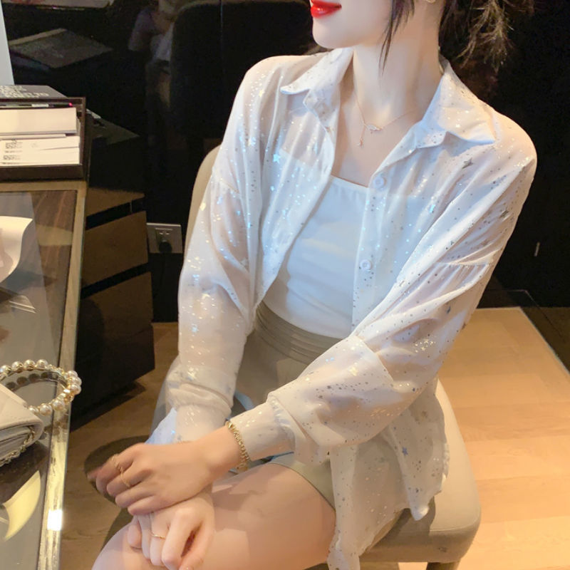 Damen transparente Bluse mit funkelnden Sternen Drune