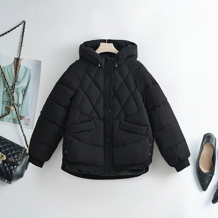 Damen nan gesteppte Kapuzen-Kurzjacke mit Karree-Steppung, geripptem Saum und verdeckter Druckknopfleiste Drune