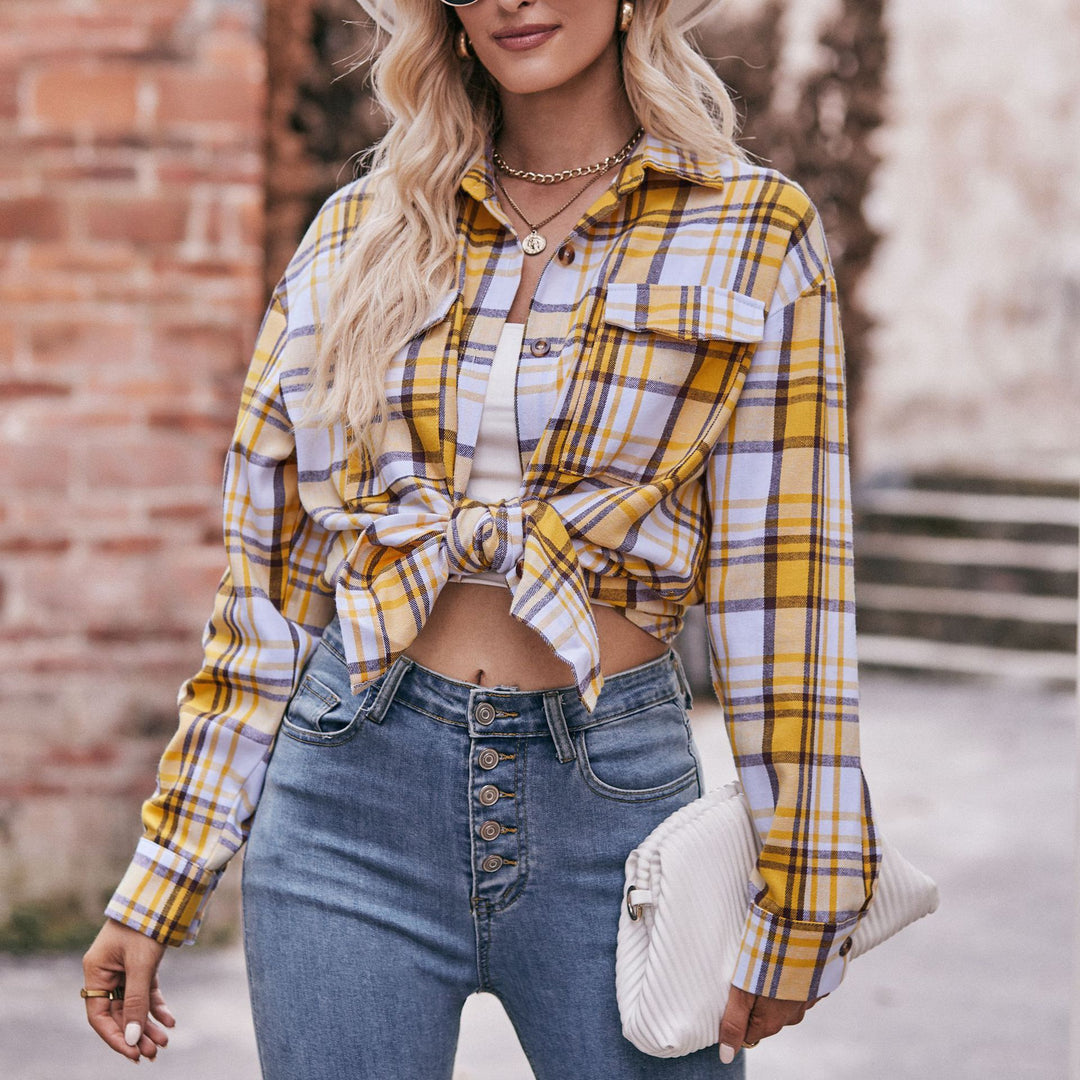 Damen kariertes Hemd mit knopfbarem Frontdesign und lässigem Knoten-Detail Drune