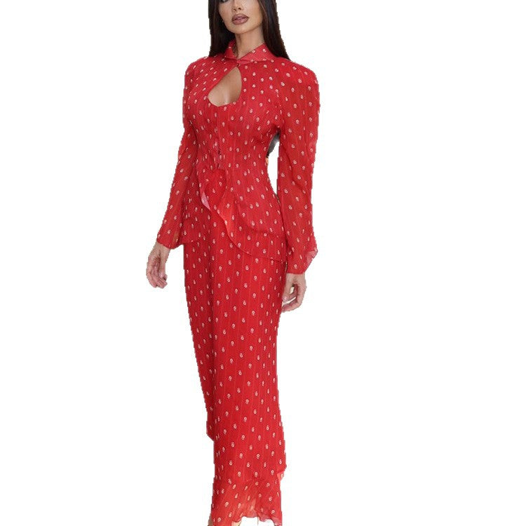 Damen Tailliertes Midikleid mit Schlüsselloch‑Ausschnitt, Schößchen und langen Puffärmeln Drune