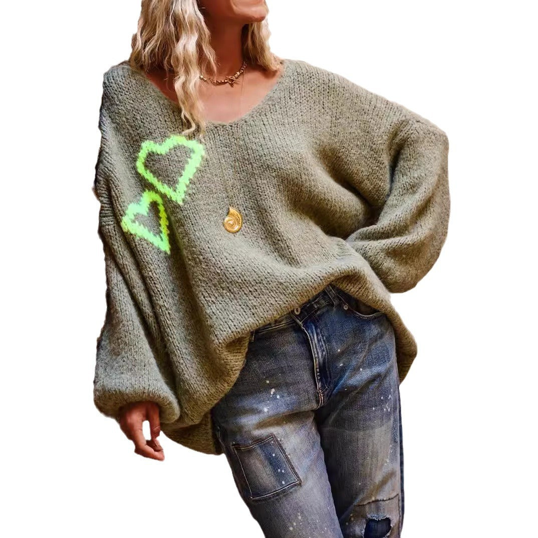 Damen lässiger Strickpullover mit Herzapplikationen und oversize Passform Drune