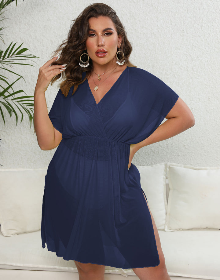 Damen luftiges Strandkleid mit V-Ausschnitt und breiten Ärmeln Drune