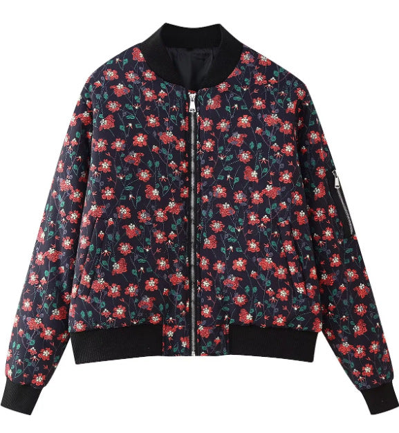 Damen gequiltete Blumen-Bomberjacke mit Rippbündchen und Reißverschluss Drune