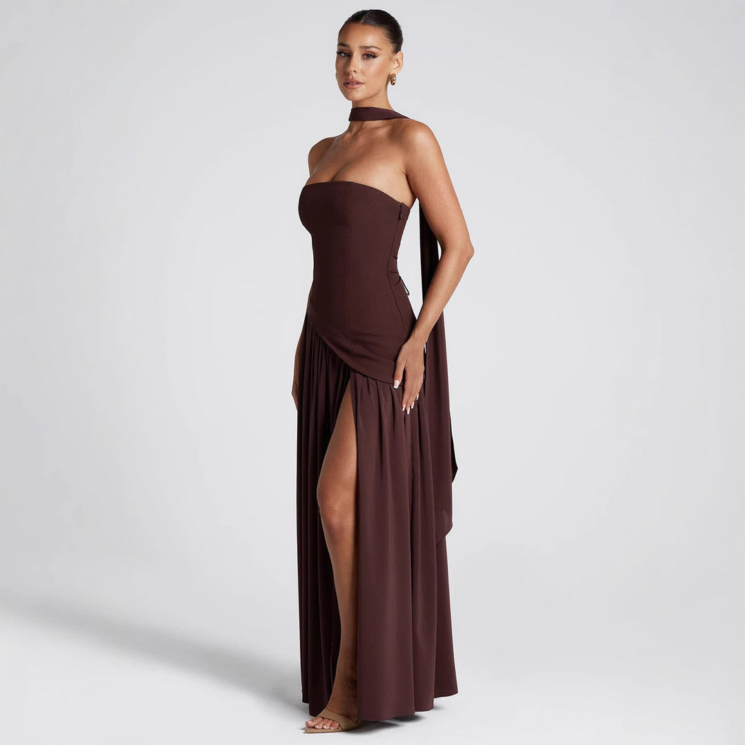 Damen Maxikleid mit schulterfreiem Design und dekorativem Wickelausschnitt Drune
