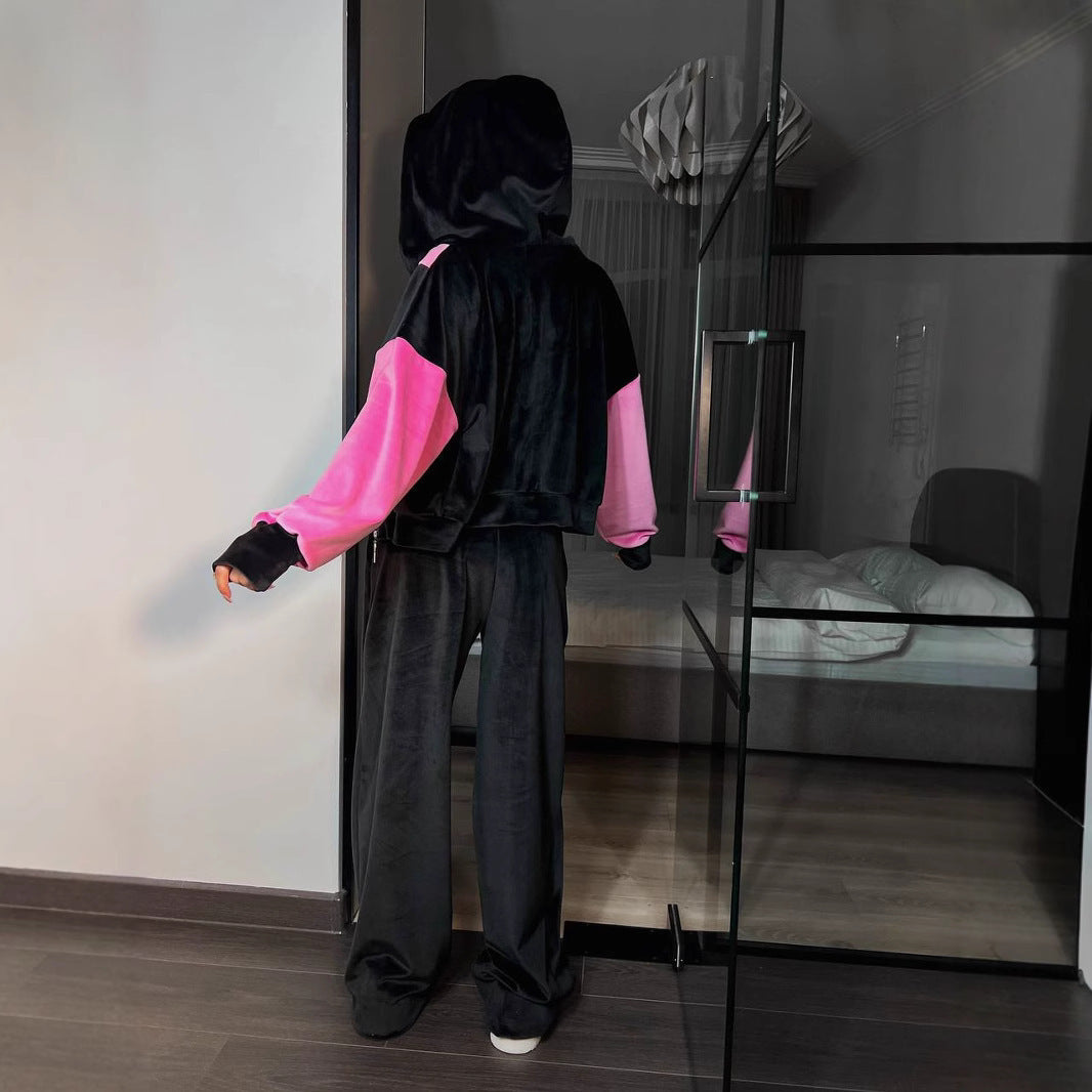 Damen kurze Velours-Zipperjacke mit V-förmigem Einsatz, überschnittenen Ärmeln und elastischem Saum Drune