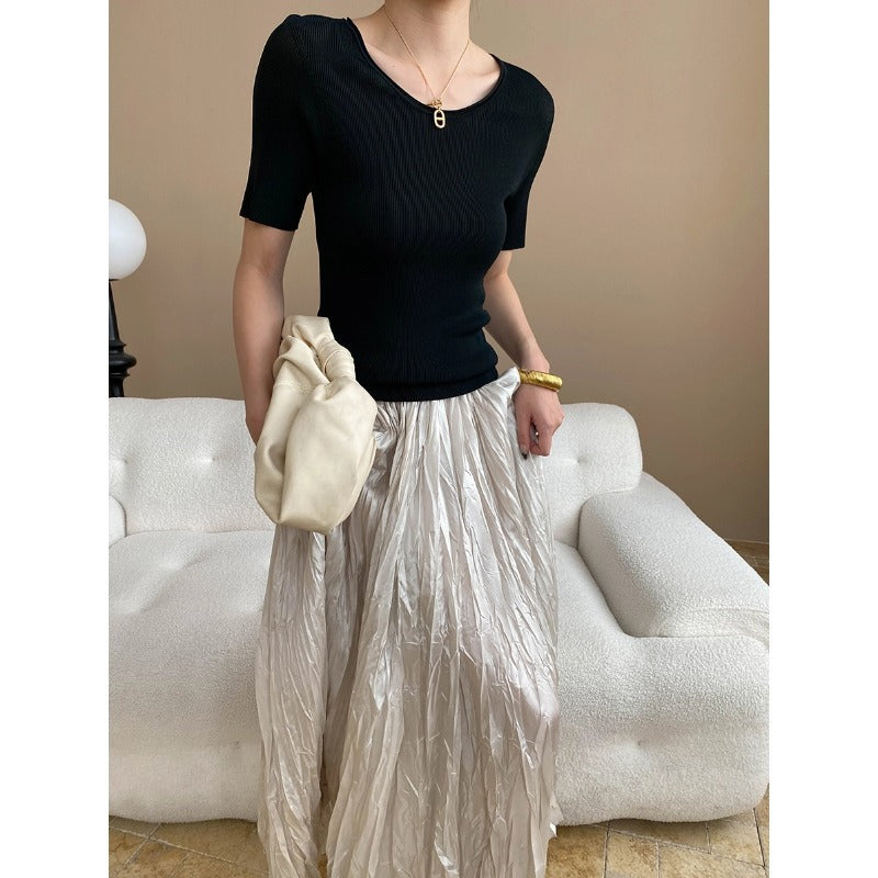Damen figurbetontes Rippenshirt mit Rundhalsausschnitt Drune