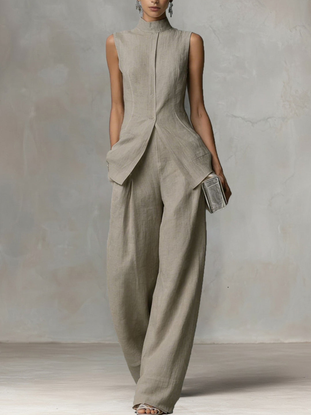 Damen Ärmelloser Leinen-Jumpsuit mit Stehkragen und weitem Bein Drune