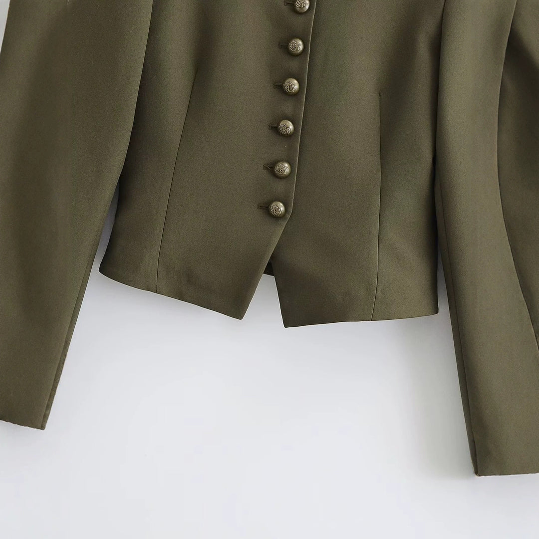 Damen taillierte militärische Kurzjacke mit Stehkragen, Epauletten und verzierten Zierknoten Drune