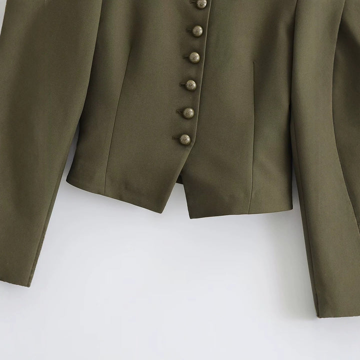 Damen taillierte militärische Kurzjacke mit Stehkragen, Epauletten und verzierten Zierknoten Drune