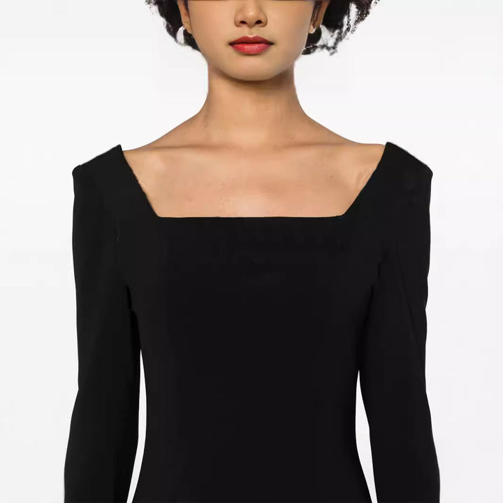 Damen Maxilanges Abendkleid im minimalistischen A-Linien-Schnitt mit quadratischem Ausschnitt und langen Ärmeln Drune