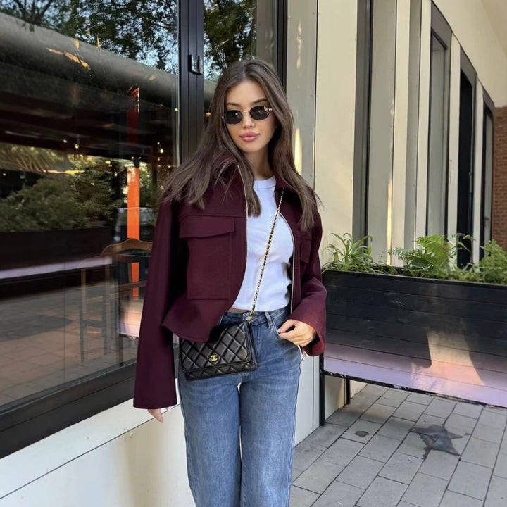 Damen lässige Wolljacke mit praktischen Brusttaschen und hochwertigem Reißverschluss Drune