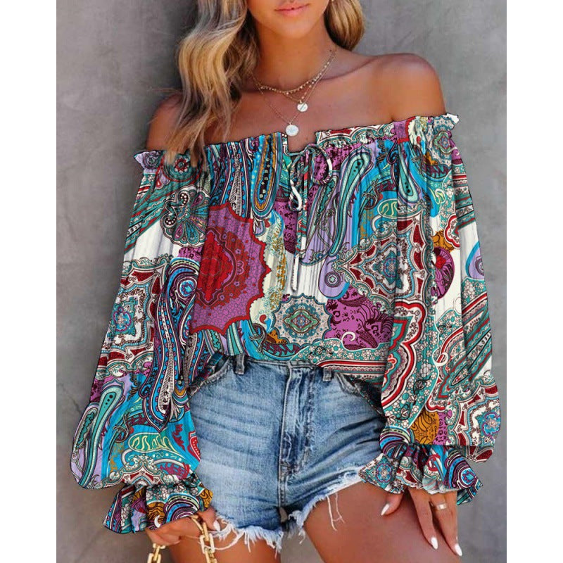 Damen Off-Shoulder Bluse mit buntem Muster und elastischem Saum Drune