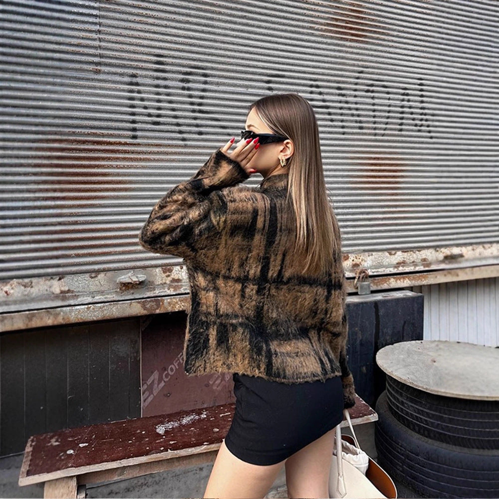 Damen Flauschiger Pullover im Vintage-Karo mit hohem Kragen und ausgefranstem Saum Drune