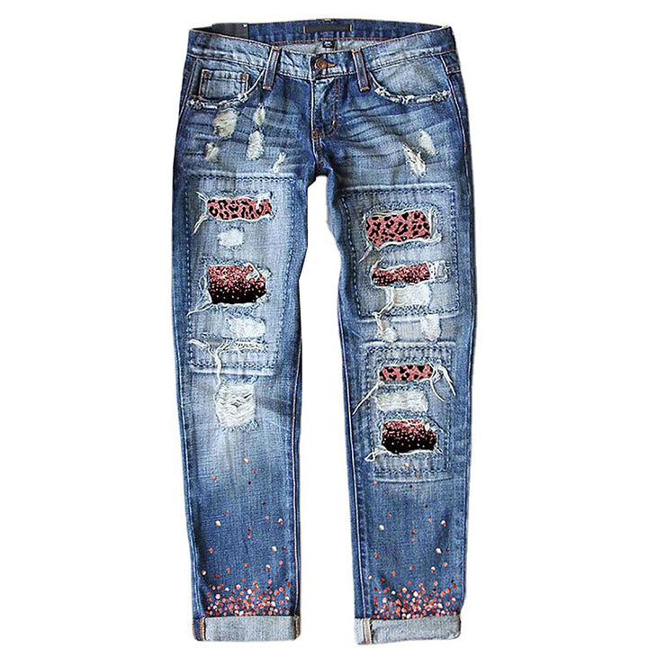 Damen nan verwaschene schmale Jeans mit Leopardenpatches und Glitzerbesatz Drune