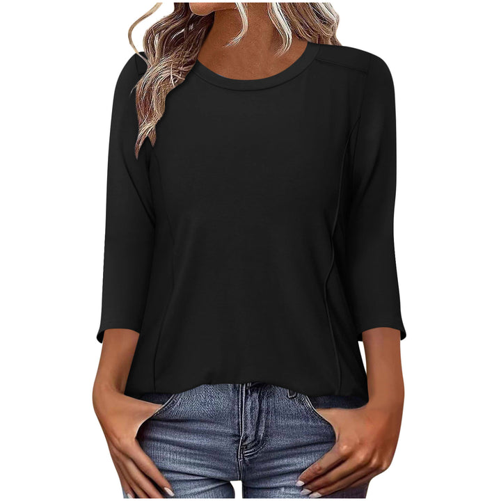 Damen nan lässiges Rundhals Shirt mit mittellangen Ärmeln und sichtbaren Nahtakzenten Drune