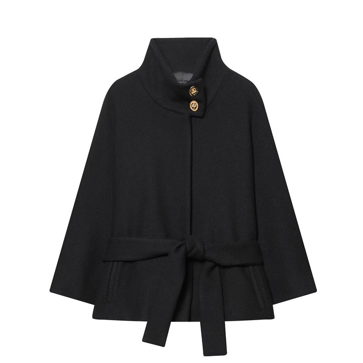 Damen Cape-Mantel mit Stehkragen, Bindegürtel und dekorativen Zierknöpfen Drune