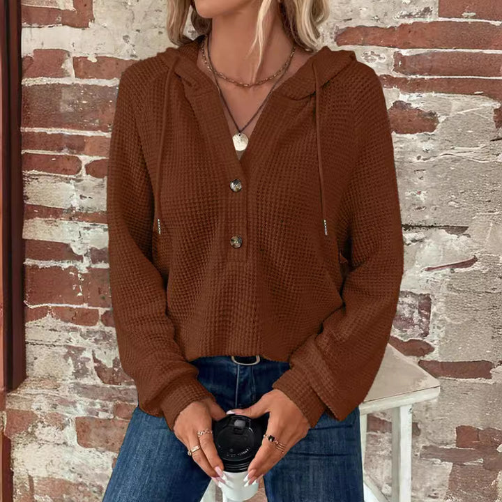 Damen locker geschnittener Waffelstrick Hoodie mit Knopfleiste und Kapuze Drune