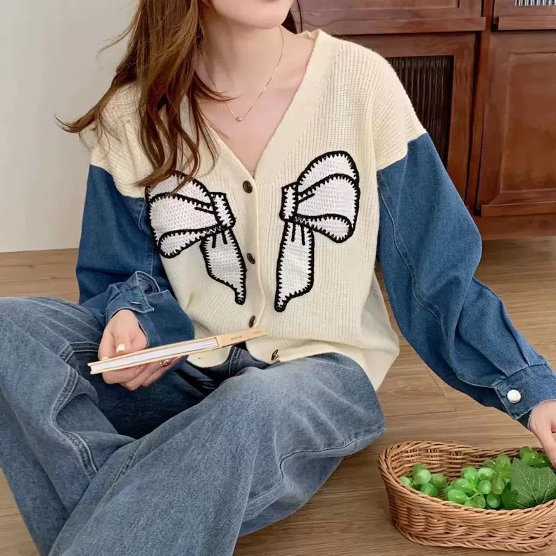 Damen Modischer Cardigan mit dekorativer Schleifenstickerei Drune