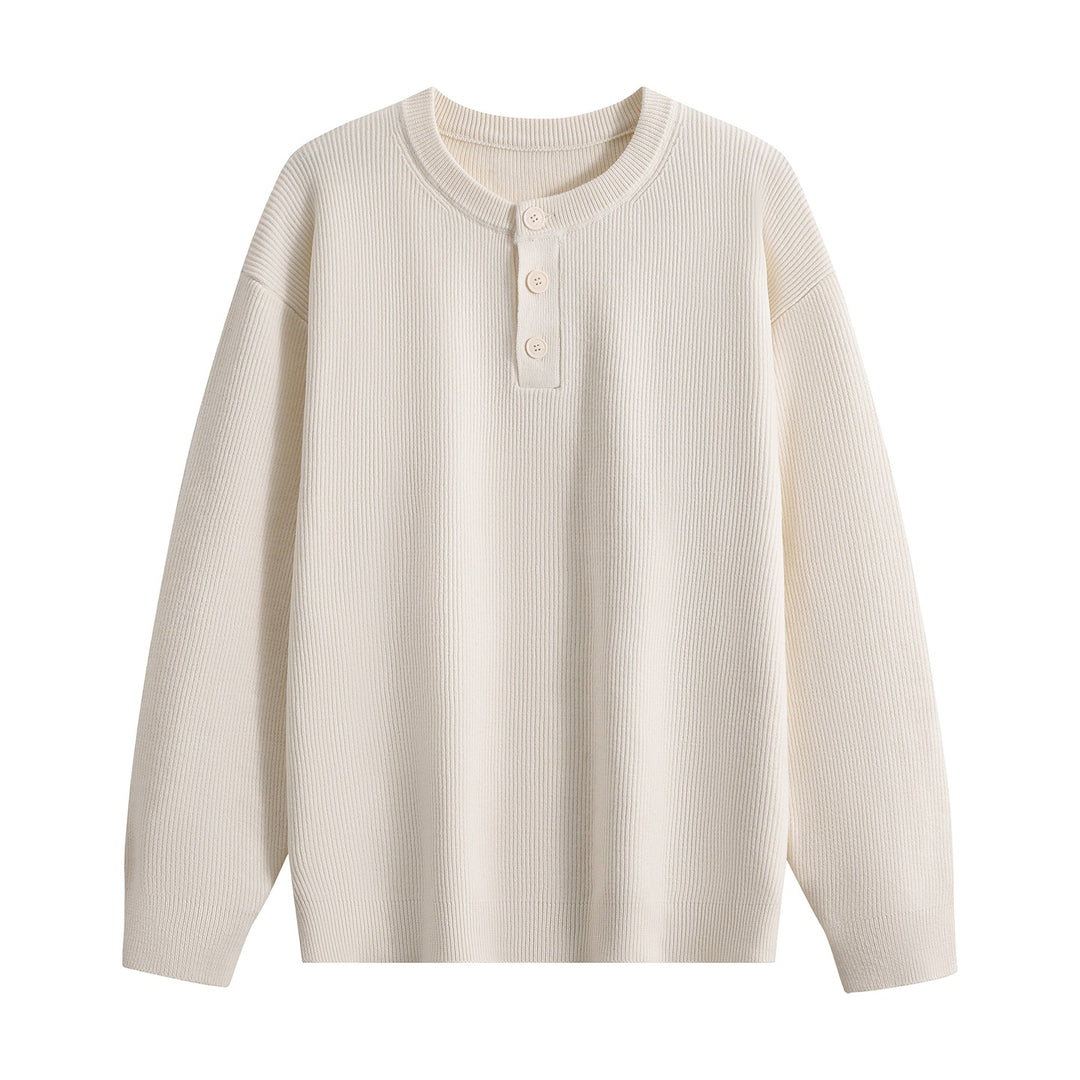 Unisex Oversize Rippstrick-Henley-Pullover mit 3‑Knopf-Leiste Drune