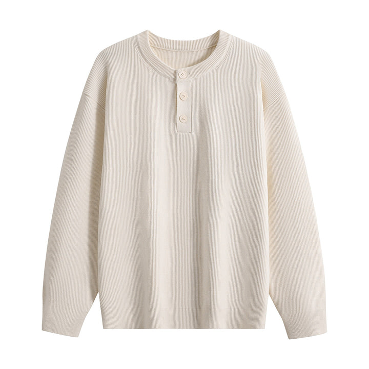 Unisex Oversize Rippstrick-Henley-Pullover mit 3‑Knopf-Leiste Drune