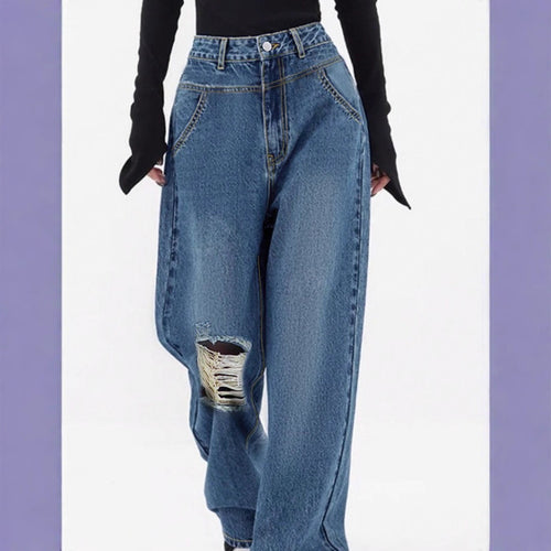 Damen hochtaillierte Oversized-Baggy-Jeans mit Knie-Rip und weitem Bein Drune