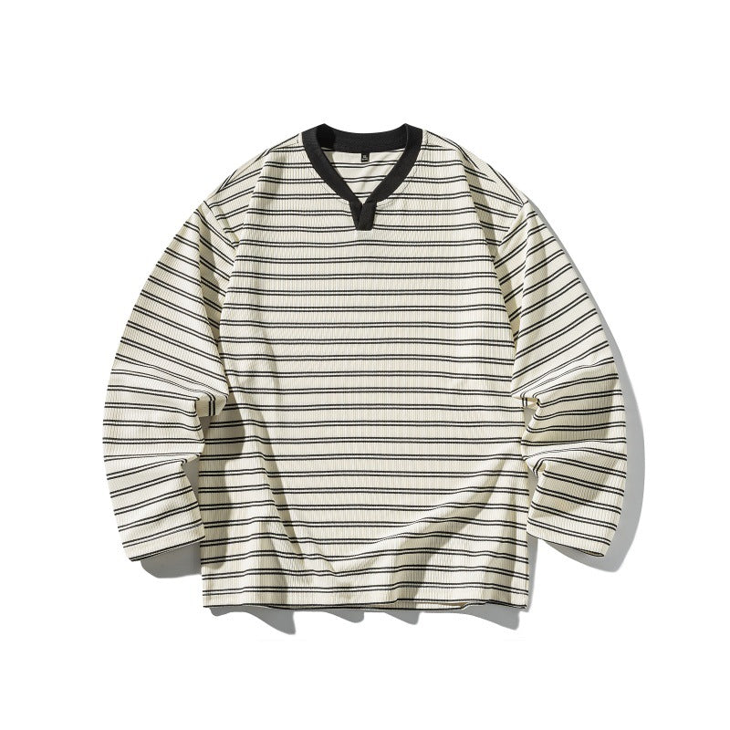 Unisex Gestreiftes Strukturiertes Longsleeve mit Notch-V-Ausschnitt und Rippenstruktur Drune