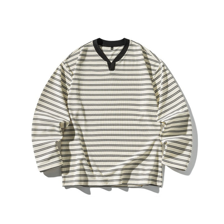 Unisex Gestreiftes Strukturiertes Longsleeve mit Notch-V-Ausschnitt und Rippenstruktur Drune
