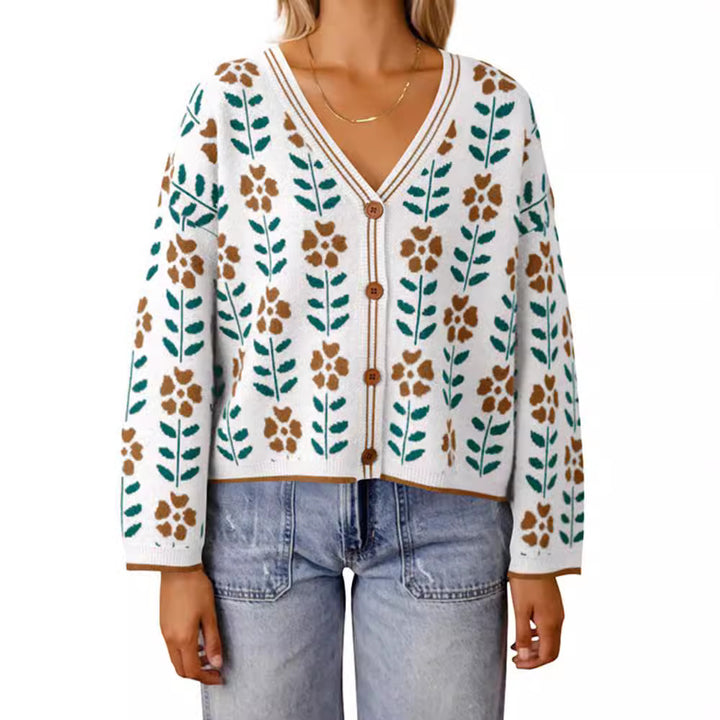 Damen Strickjacke mit floralem Design und Knopfdetails Drune