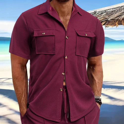Herren nan strukturiertes Waffel-Lounge-Set mit Hemdjacke, Brustklappen und Kordelhose Drune