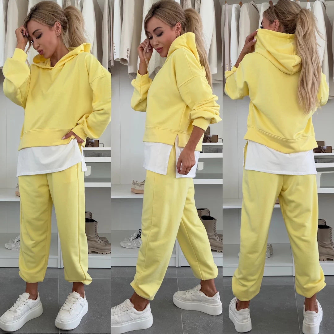 Damen Cropped-Hoodie-Lounge-Set mit asymmetrischem Saum, voluminösen Raglanärmeln und gekrempelter Jogginghose Drune