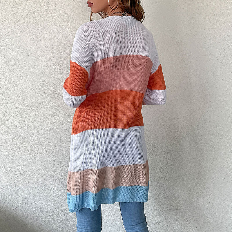 Damen Longline Feinstrick-Cardigan mit bunten Blockstreifen und seitlichen Eingrifftaschen Drune