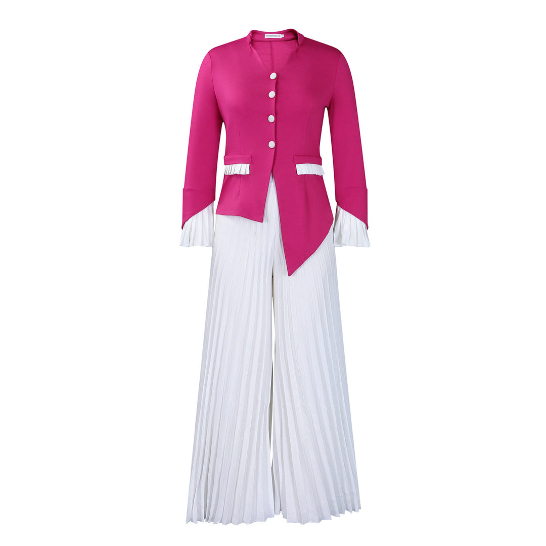 Damen eleganter Jumpsuit mit tailliertem Blazer-Oberteil und schwingenden Plisseehosen Drune
