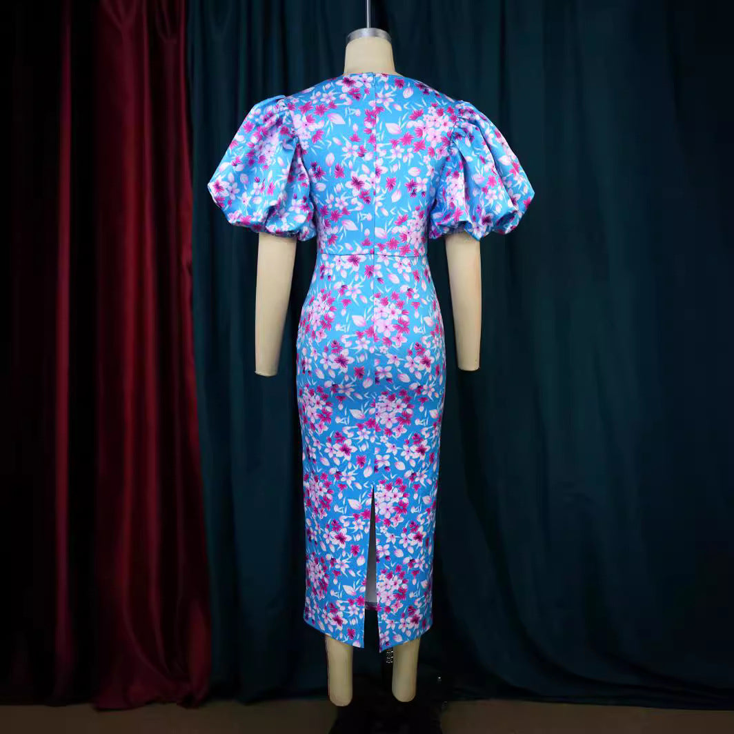 Damen Elegantes Kleid mit voluminösen Puffärmeln und floralem Muster Drune