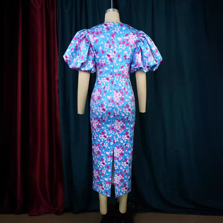 Damen Elegantes Kleid mit voluminösen Puffärmeln und floralem Muster Drune