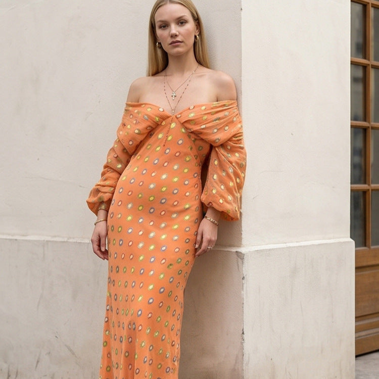 Damen Elegantes Off-Shoulder Maxikleid mit gedrehtem Vorderteil und Ballonärmeln Drune