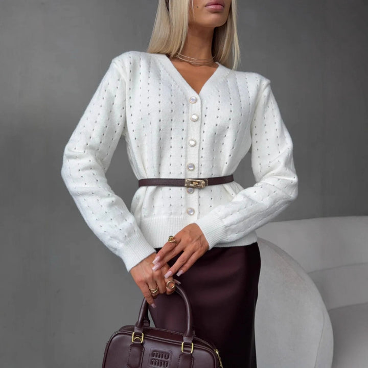 Damen Modische Strickjacke mit V-Ausschnitt und Knopfdetail Drune