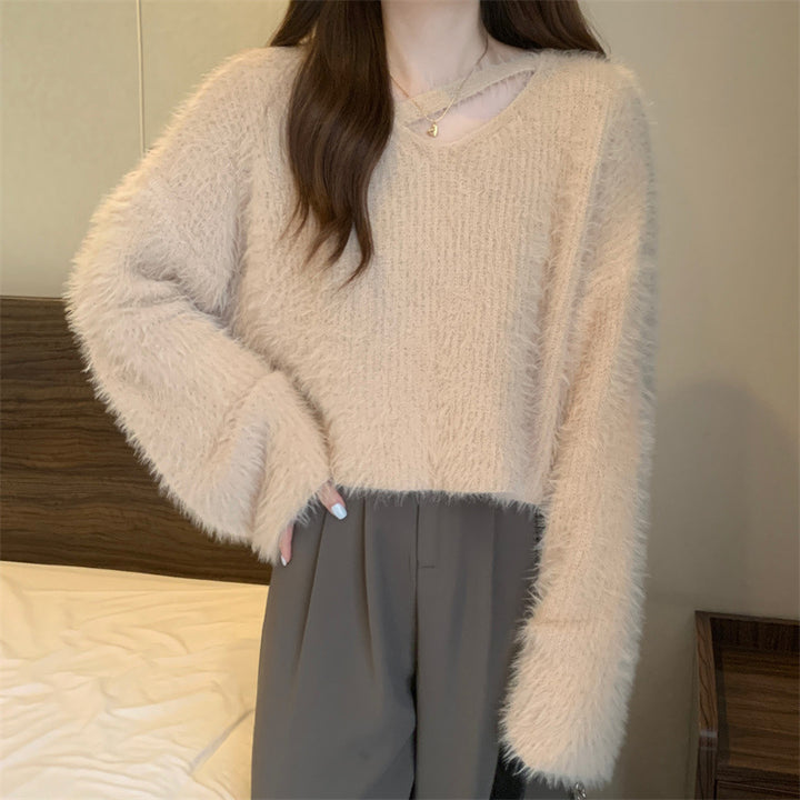 Damen Flauschiger Pulli mit lässigem Schnitt und tiefem V-Ausschnitt Drune