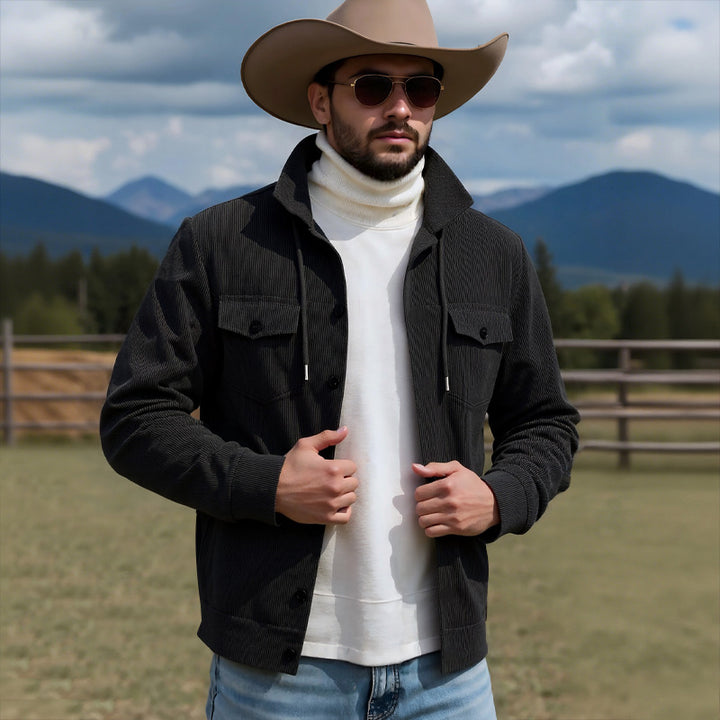 Herren nan gerippte Cord-Überhemdjacke mit Kapuze, Brustklappen und durchgehender Knopfleiste Drune