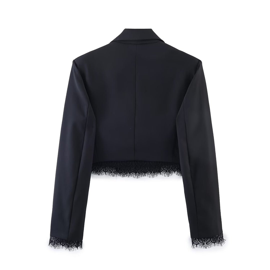 Damen Cropped-Blazer mit Spitzenbordüre, taillierter Ein-Knopf-Silhouette Drune