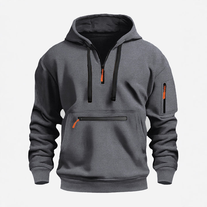 Herren Kapuzenpullover mit Halbzip, Kängurutasche und verdeckten Reißverschlüssen Drune