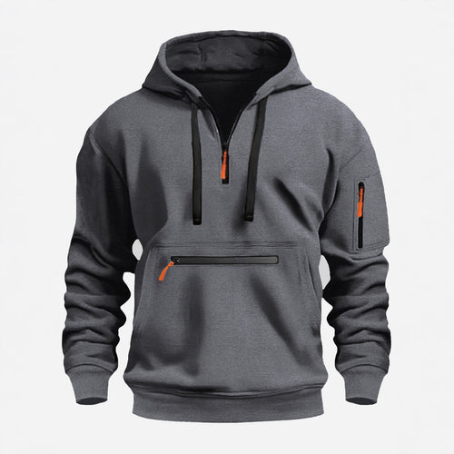 Herren Kapuzenpullover mit Halbzip, Kängurutasche und verdeckten Reißverschlüssen Drune