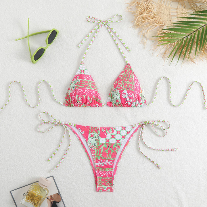 Damen Triangel-Bikini mit verspieltem Blumenmuster und Bindebändern Drune