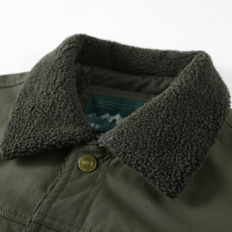 Herren Sherpa-gefütterte Canvas-Truckerjacke mit Teddyfutter und Utility‑Taschen Drune