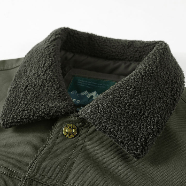 Herren Sherpa-gefütterte Canvas-Truckerjacke mit Teddyfutter und Utility‑Taschen Drune