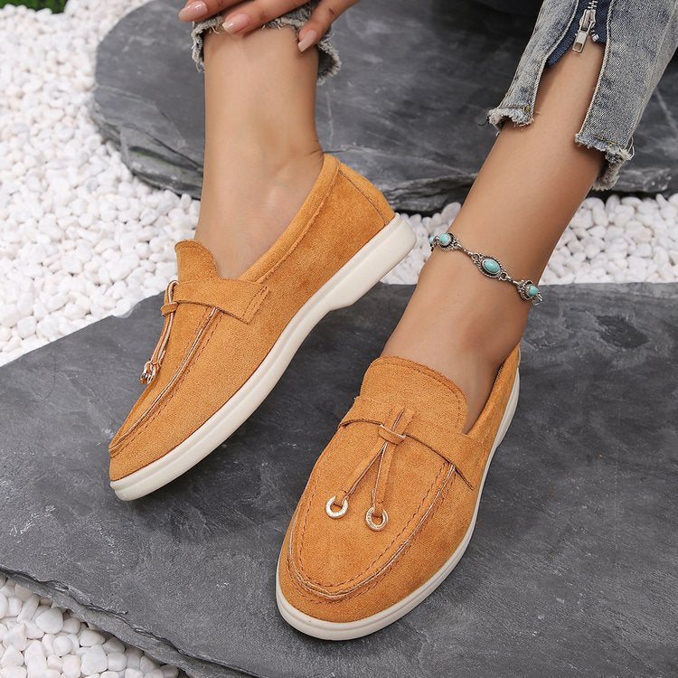 Damen Slipper-Loafer aus Velourslederoptik mit dekorativem Knotenriemen und leicht profilierter Gummisohle Drune