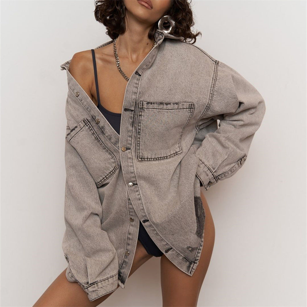 Damen Modische Jeanshemdjacke mit distressed Details Drune