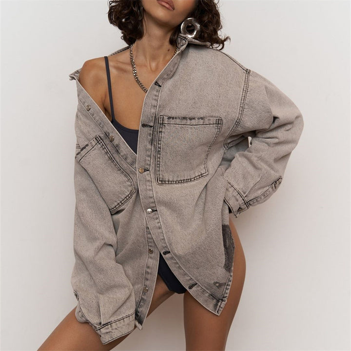 Damen Modische Jeanshemdjacke mit distressed Details Drune