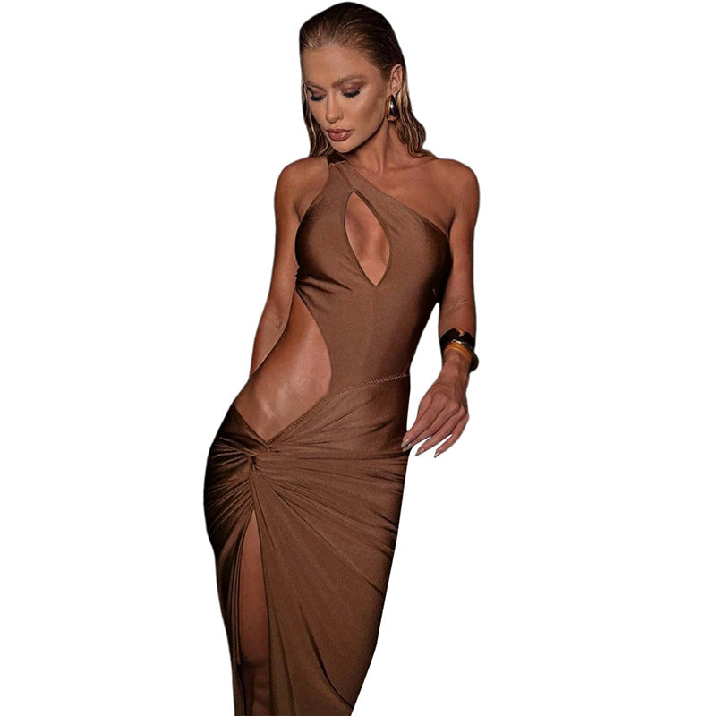 Damen Elegantes One-Shoulder Maxikleid mit Raffungen und figurbetontem Schnitt Drune